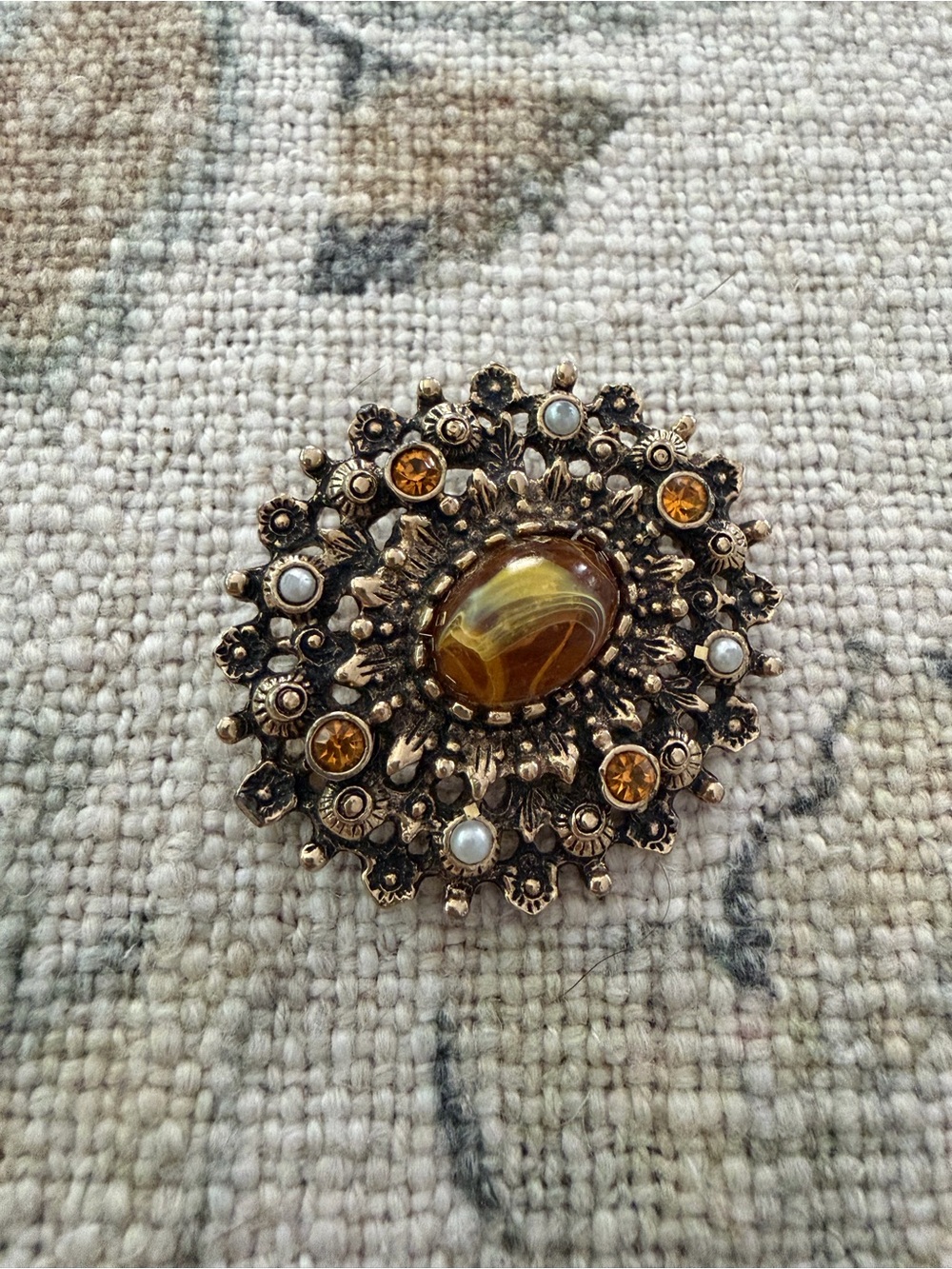 Vintage Sarah Coventry Gold Tone Floral Brooch with Amber Cabochon,